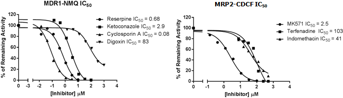 図6．ヒトMDR1とMRP2発現ベシクルにおける標準基質取り込みの典型的阻害剤による阻害の濃度依存性