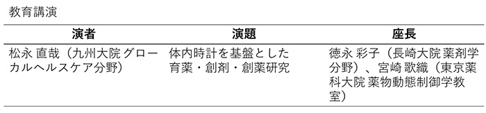 教育講演　演者：松永直哉　演題：体内時計を基盤とした育薬・創薬・創薬研究