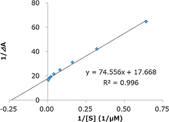 縦軸が1/⊿A，横軸が1/[S]（1/μM）のLineweaver-Burk plotのグラフ．y=74.556x+17.668，R^2=0.996